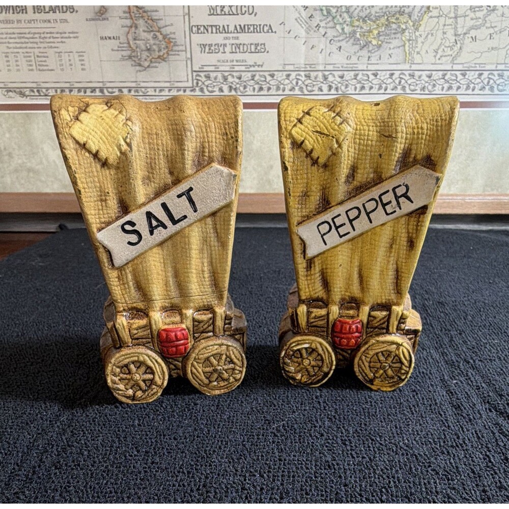 Vintage Covered Wagon Ceramic Salt & Pepper Shaker Set w/ Stoppers, Brown